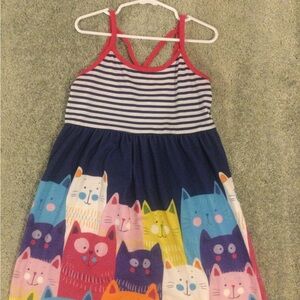 Girls' Navy Striped Cat Print Sundress with Coral Trim - Kids Casual Dress